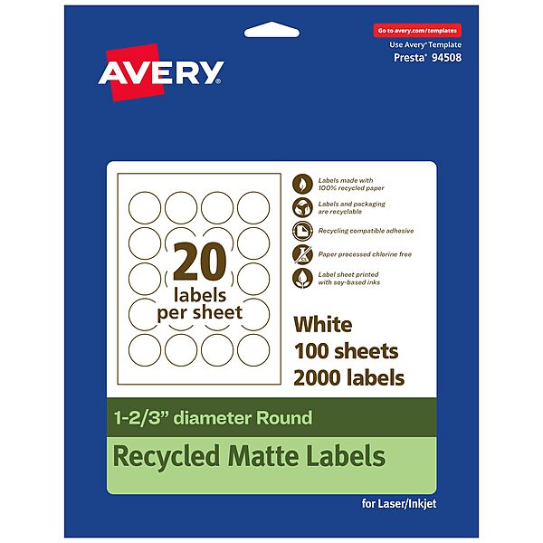 Avery EcoFriendly Matte White Recycled Round Labels, 1-2/3" Diameter, Print-to-The-Edge, Permanent Adhesive