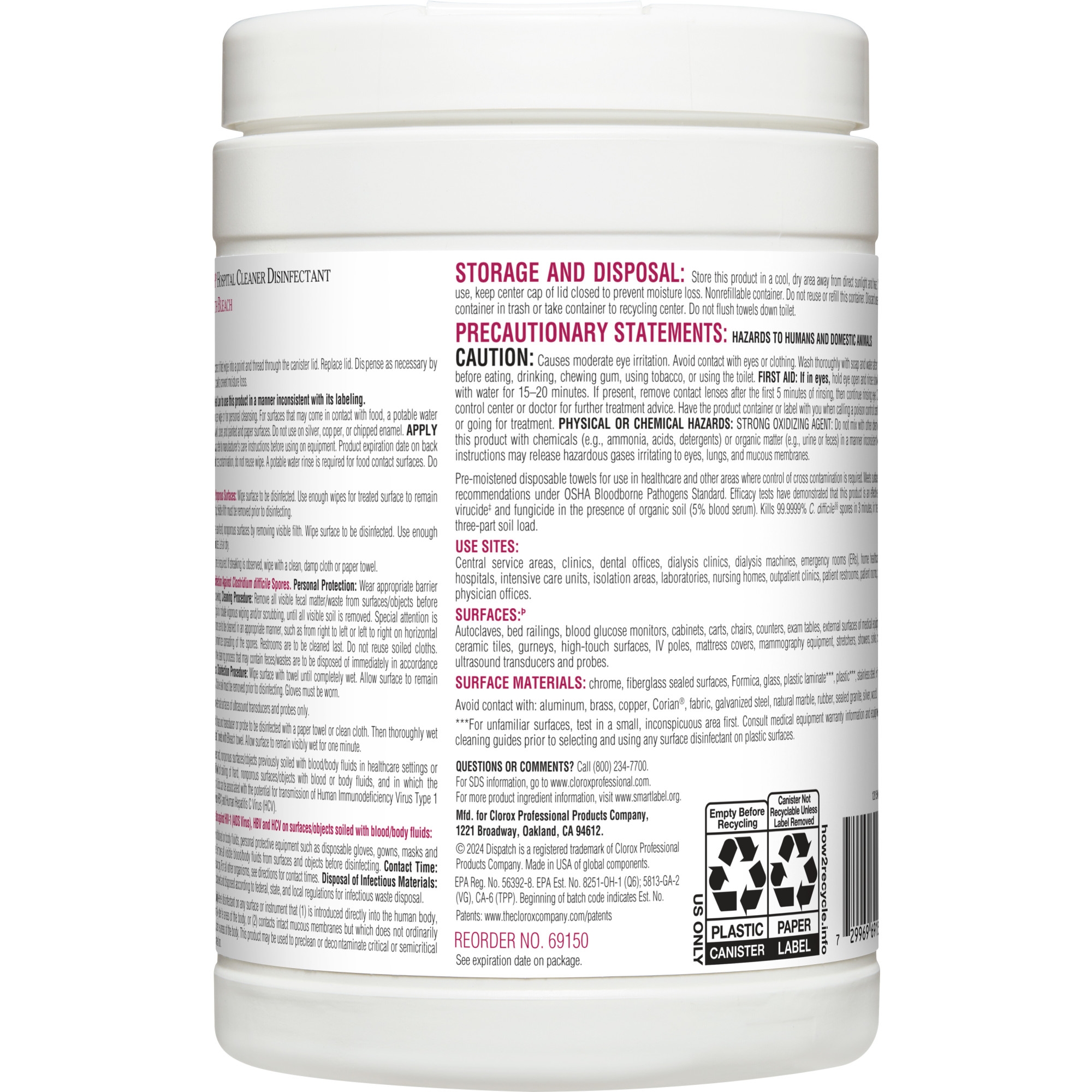 Dispatch® with Bleach Surface Disinfectant Cleaner Premoistened Manual Pull Wipes 150 Count Canister