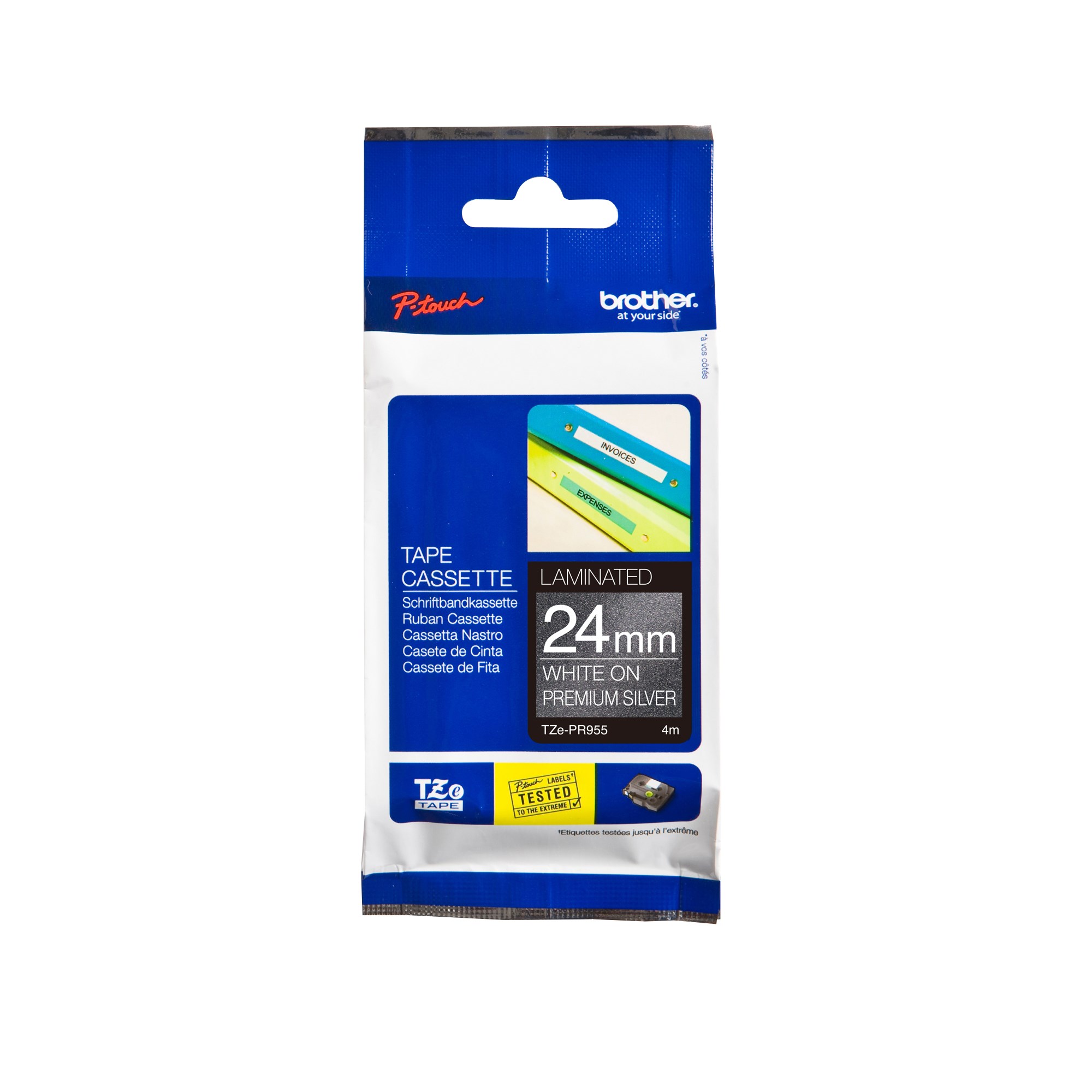 Brother TZE-PR955 Glitter Tape 24mm x 8m White On Silver