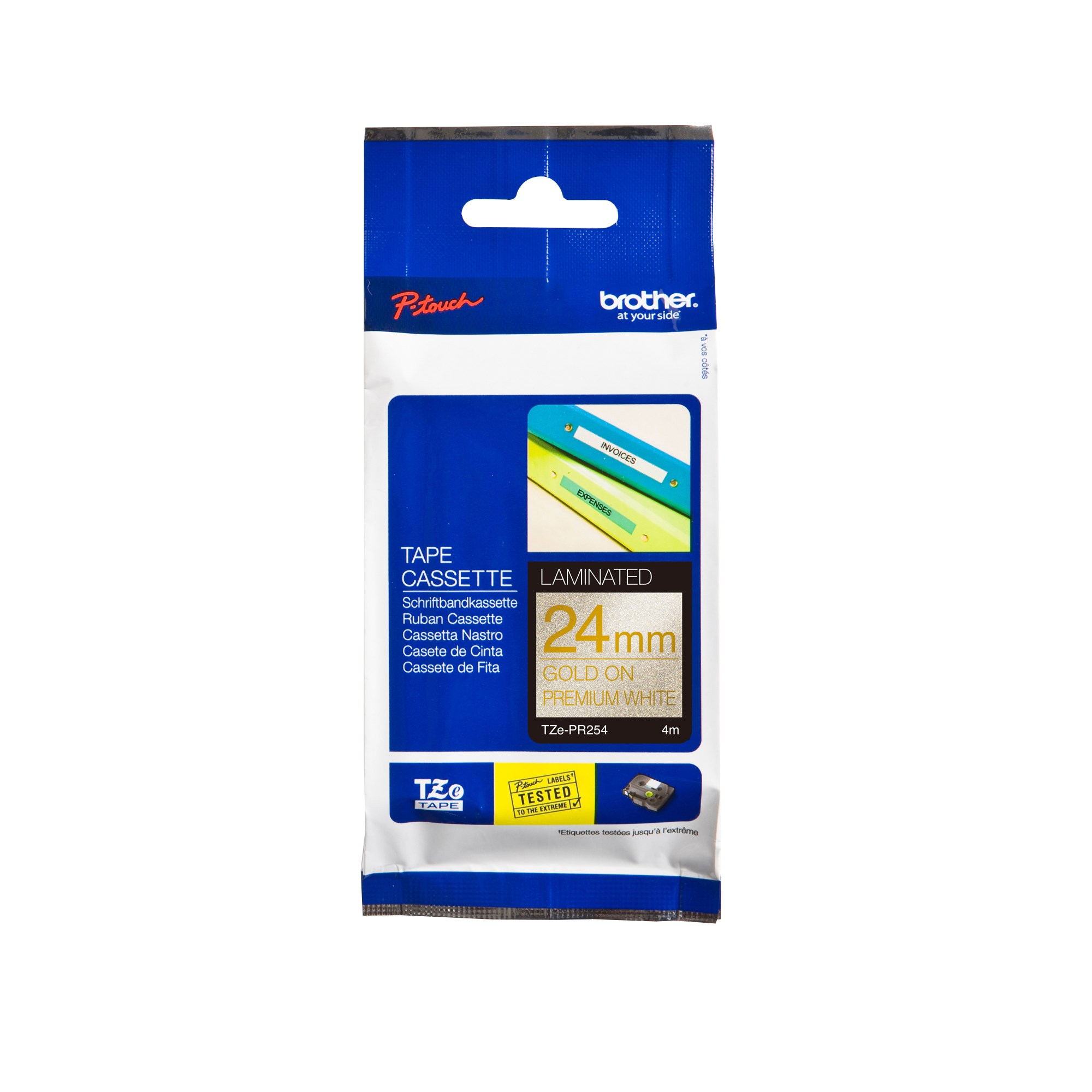 Brother TZE-PR254 Glitter Tape 24mm x 8m Gold On White