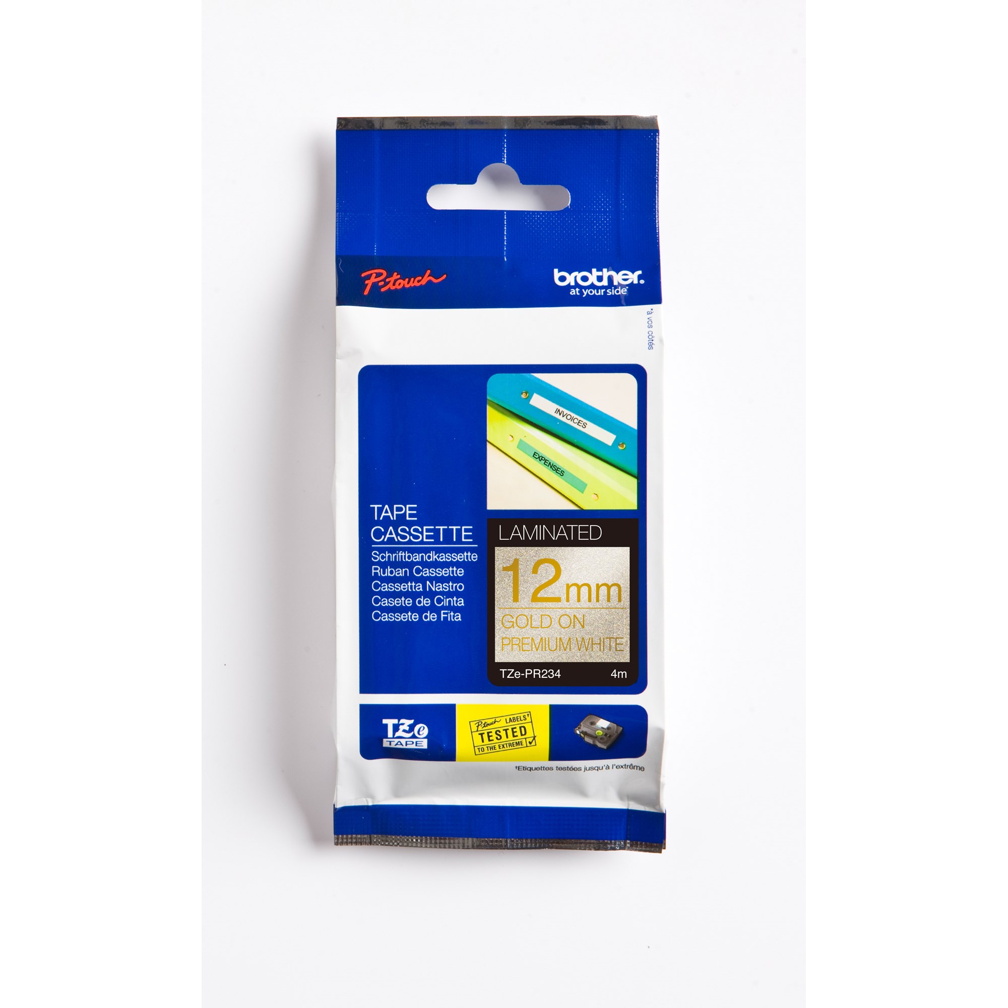 Brother TZE-PR234 Glitter Tape 12mm x 8m Gold On White