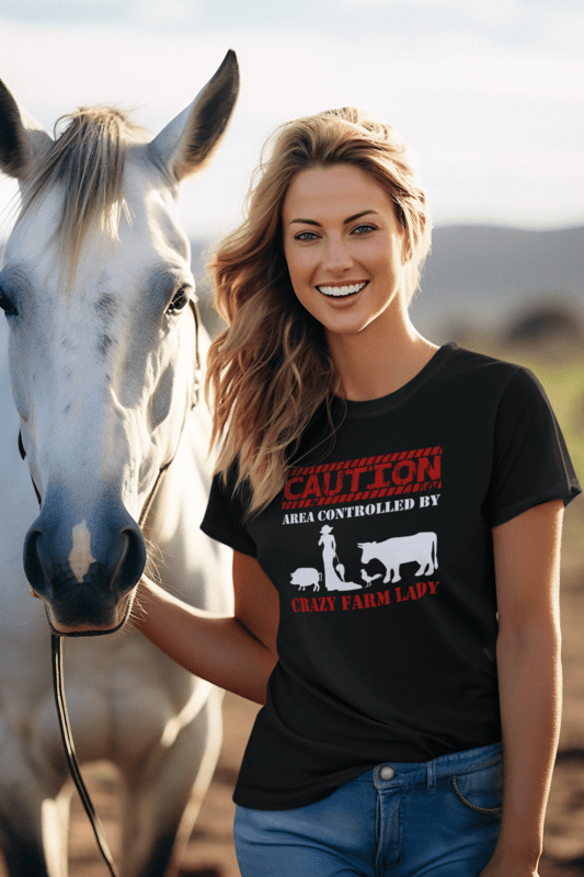 Caution Area Controlled By Crazy Farm Lady Black T-shirt
