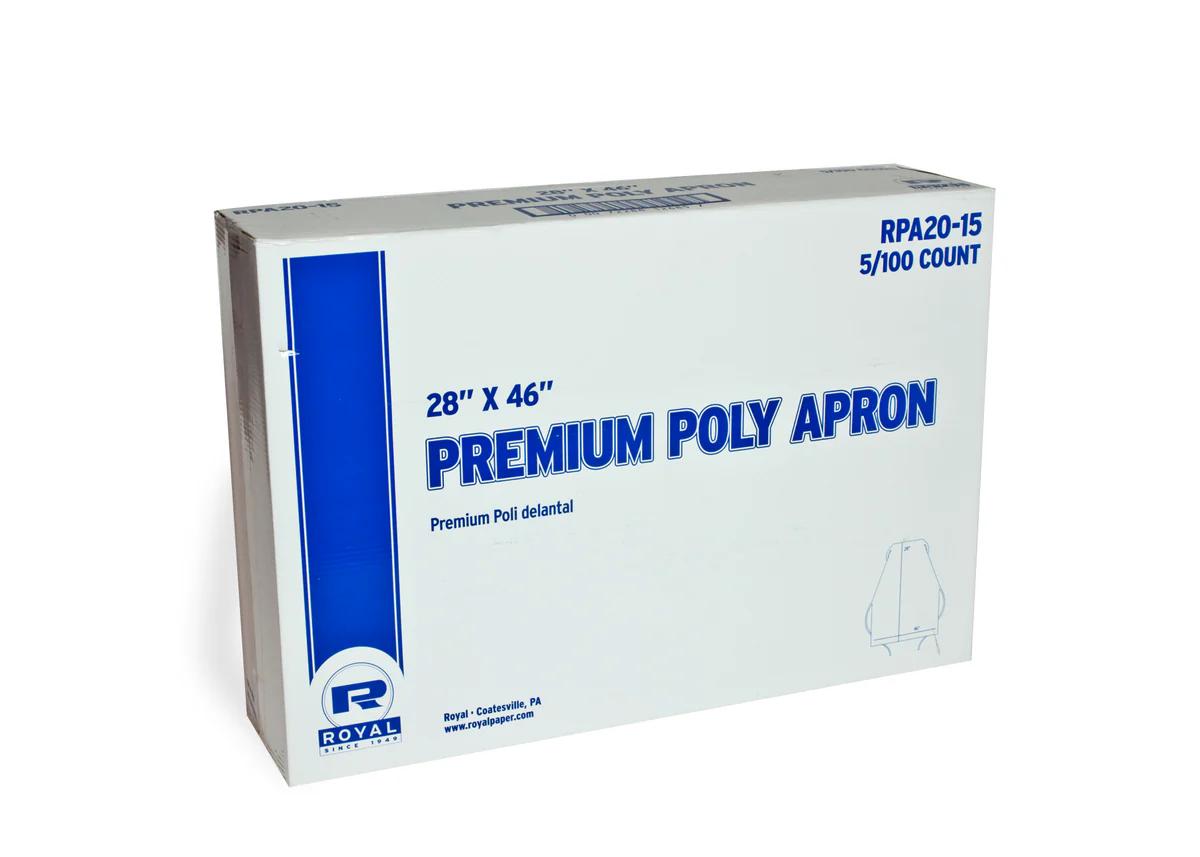 AmerCareRoyal Apron Boxed 28" x 46" , 1.77 Mil Poly White 5 / 100 cs
