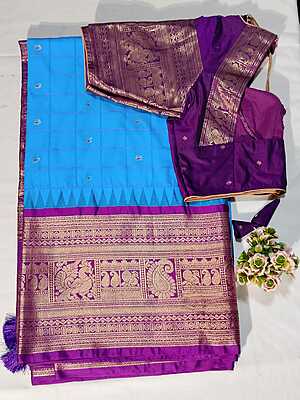 J198: Ready To Ship Beautiful Semi Gadwal  Saree Yellow With Stitched Blouse