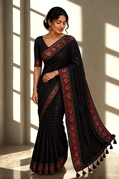 Mul cotton with Kanchi border Black with Red