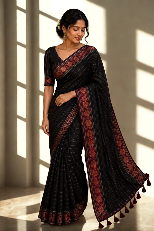 Mul cotton with Kanchi border Black with Red