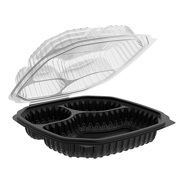 3 COMPARTMENT HINGED CLEAR TOP BLACK BOTTOM PLASTI C ROUND