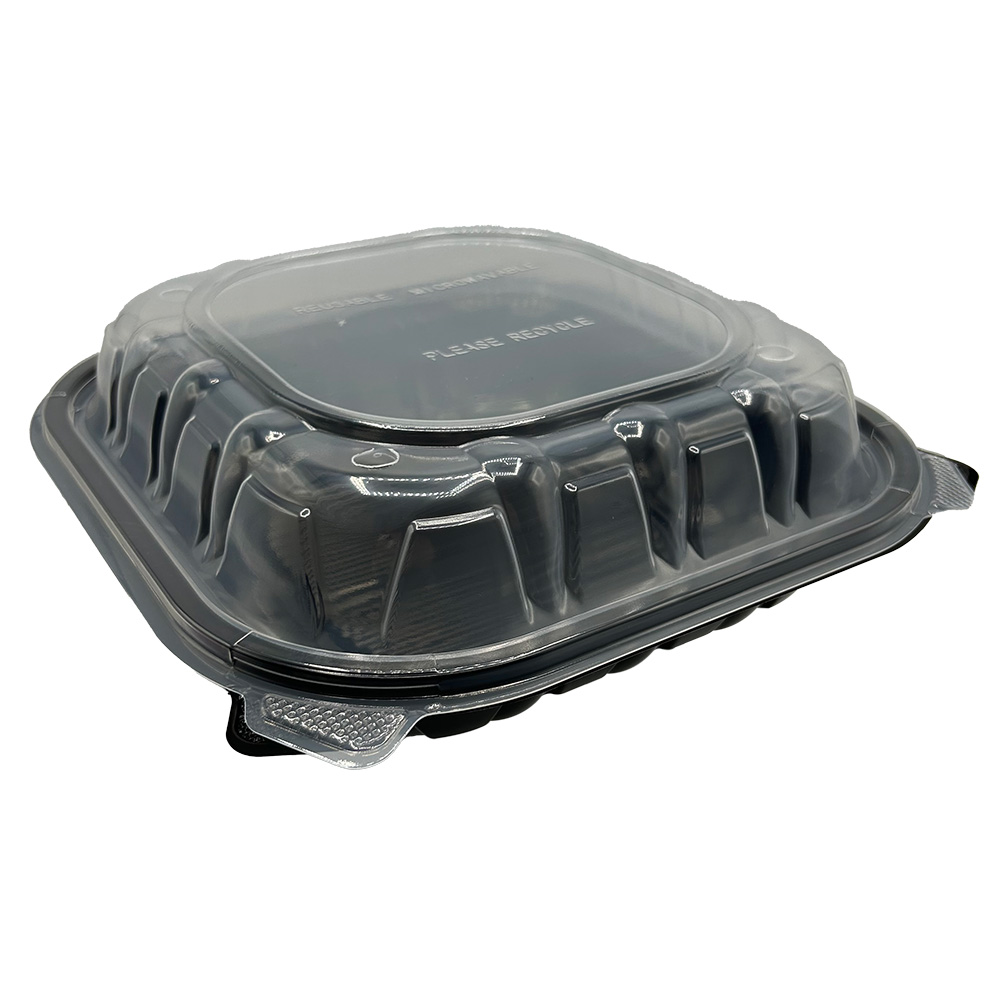 Empress PP Hinged Container Black/Clear Lid 9" x 9" x 3" , 1 Comp , Vented 2 / 75 cs