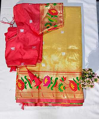 J194: Ready To Ship Beautiful Paithani Tissue Silk Saree With Stitched Blouse