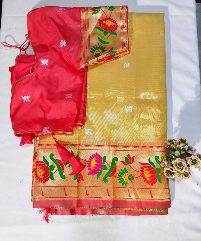 J194: Ready To Ship Beautiful Paithani Tissue Silk Saree With Stitched Blouse J194: Ready To Ship Beautiful Paithani Tissue Silk Saree With Stitched Blouse