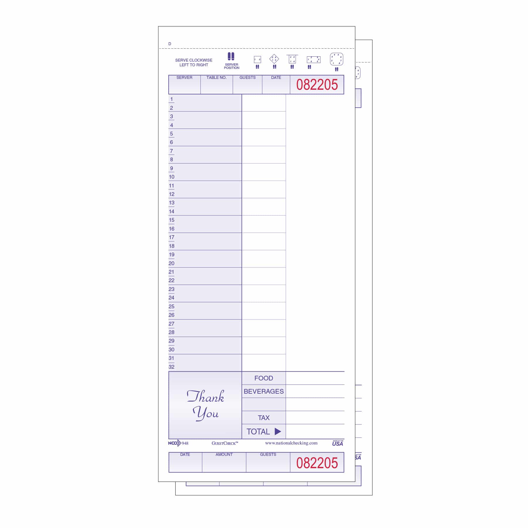 National Checking Carbonless Guest Check 2 Part 4.25" x 9.37" Purple, 16 / 32 2500 / cs