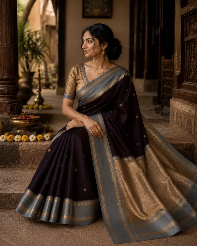 Brown With Grey Banarasi Silk