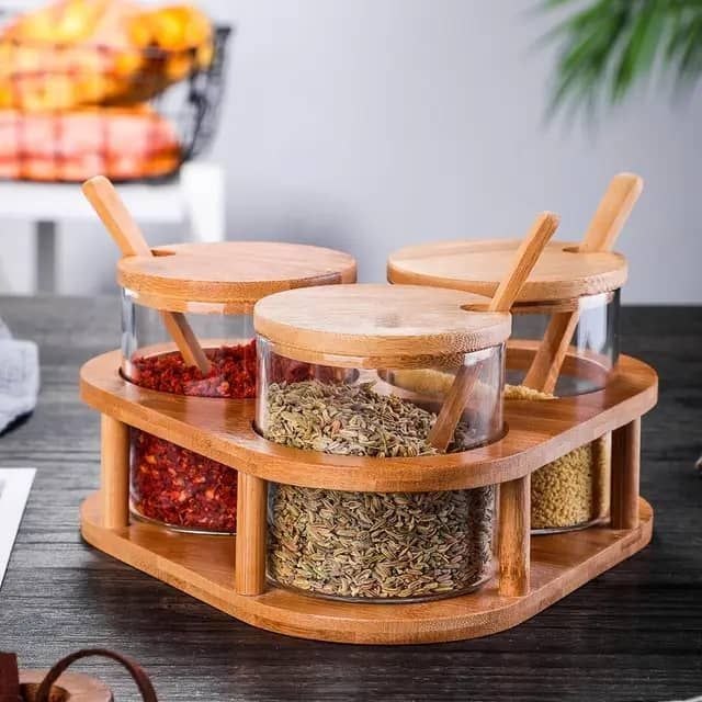 7PIECES AIRTIGHT SPICE STORAGE WITH BAMBOO RACK AND WOODEN SPOON