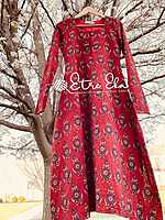 Ajrakh Hand Block Printed Mul Cotton Kurti- Red with Blue Prints- Flared Top with full Sleeves