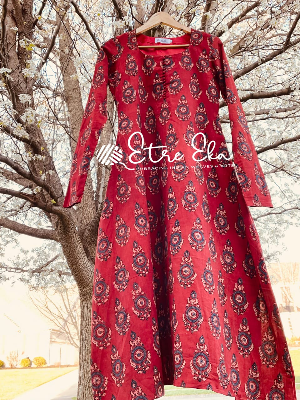 Ajrakh Hand Block Printed Mul Cotton Kurti- Red with Blue Prints- Flared Top with full Sleeves