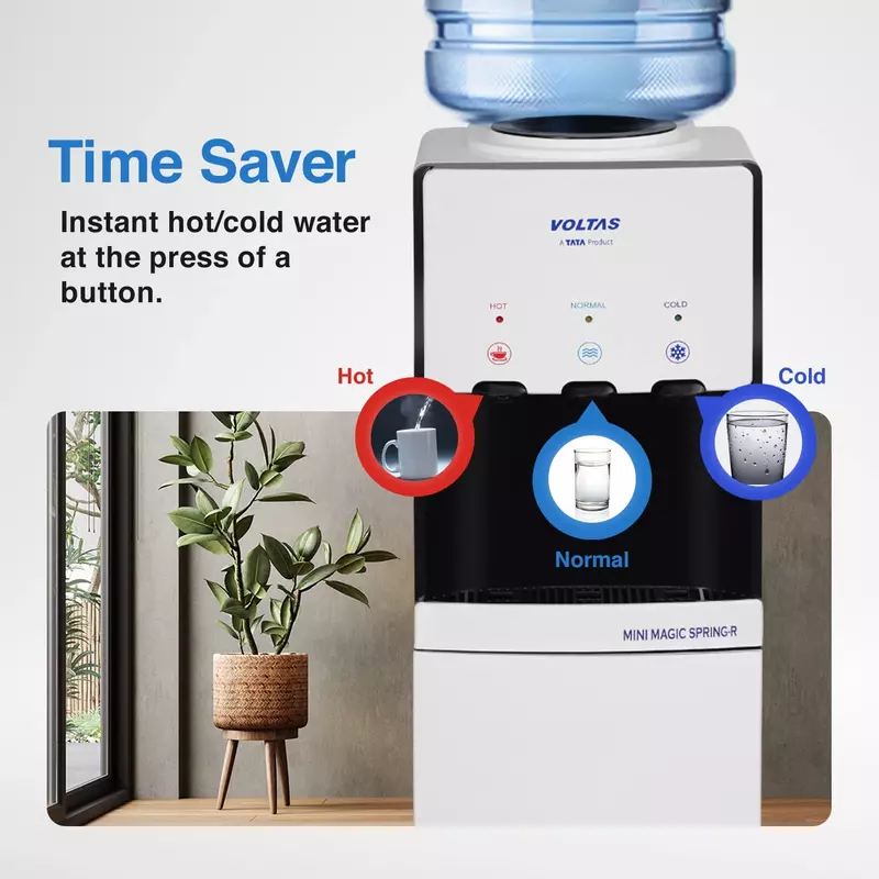 The elegant, white Voltas Water Dispenser ISI Mark Minimagic Spring RV+ in a modern kitchen.