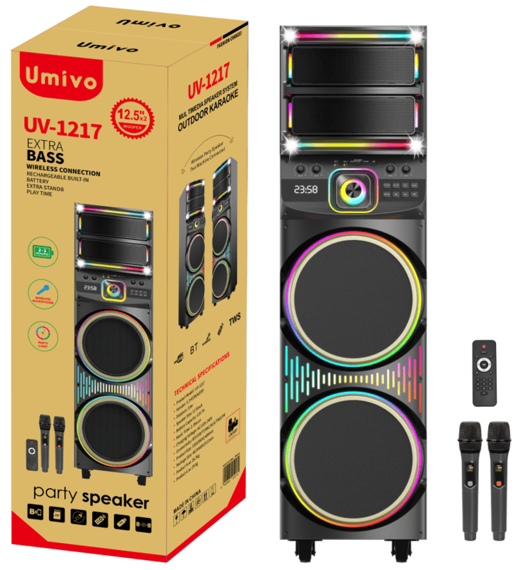 Umivo UV-1217 Dual 12.5" Portable Party Speaker with Extra Bass & Wireless Mic