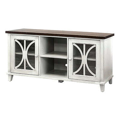 Coastal Farmhouse TV Stand | White Media Console with Geometric Glass Doors