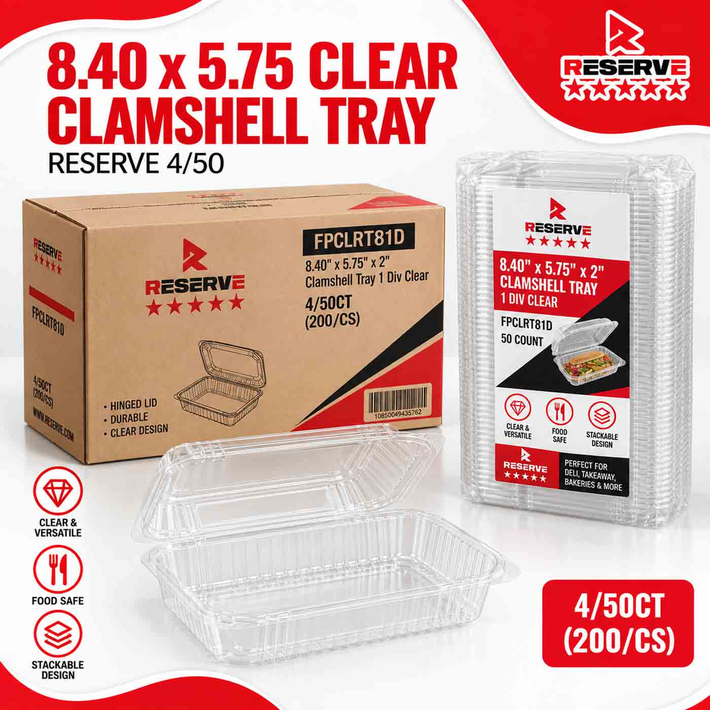 8.40” X 5.75” X 2" Clamshell Tray 1 Div Reserve Clear 4/50