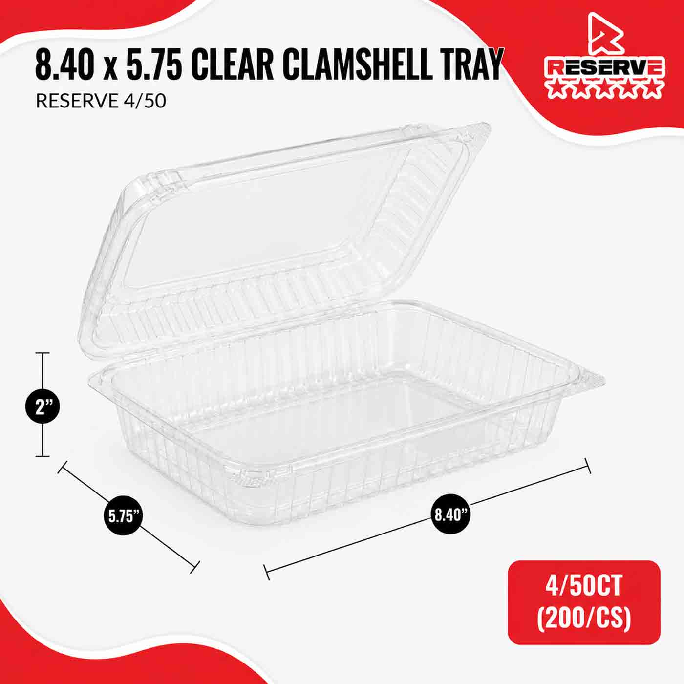 8.40” X 5.75” X 2" Clamshell Tray 1 Div Reserve Clear 4/50