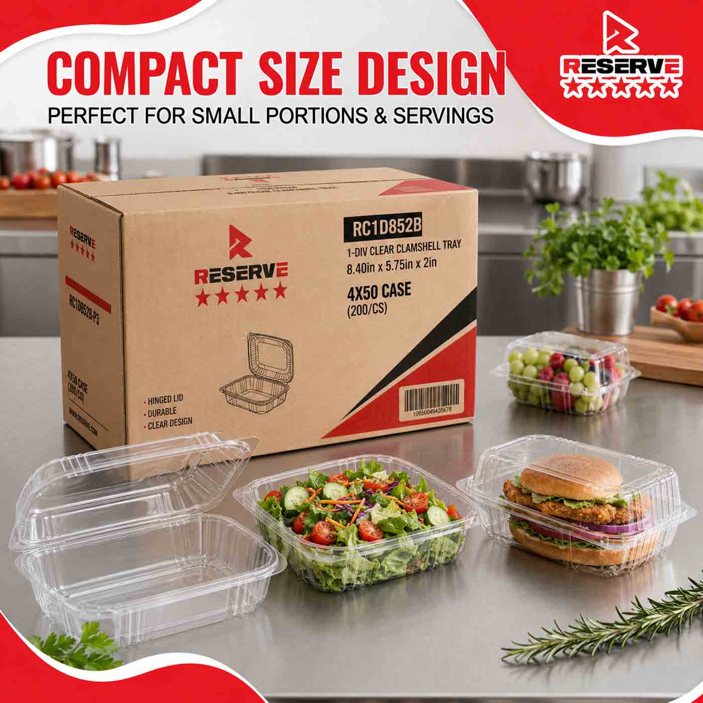 8.40” X 5.75” X 2" Clamshell Tray 1 Div Reserve Clear 4/50