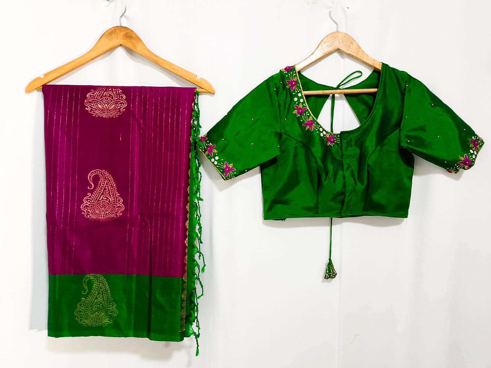 N581: Ready To Ship Beautiful Pure Kanchipattu Saree With Stitched Maggam Work Blouse
