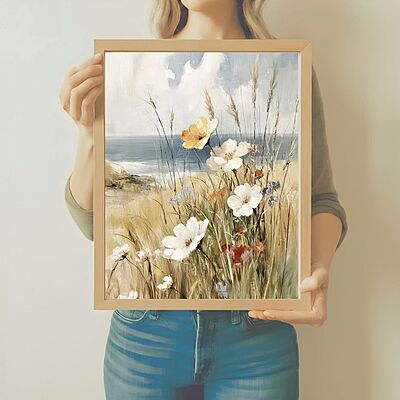 French Coastal Daisy Landscape Canvas Print | UNFRAMED Unframed premium cotton canvas print French Coastal Daisy Landscape Canvas Print | UNFRAMED Unframed premium cotton canvas print