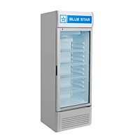 Commercial beverage refrigerator with glass door, Blue Star.