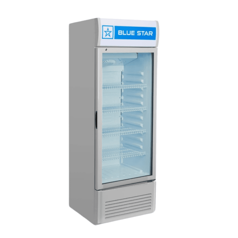 Commercial beverage refrigerator with glass door, Blue Star.