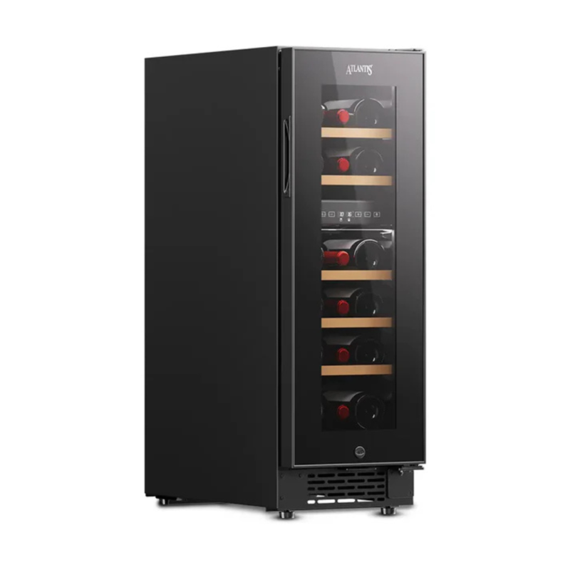 Sleek black Atlantis Wine Cooler with two temperature zones for storing up to 17 bottles.