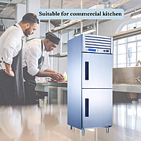 Chef retrieving frozen ingredients from a Blue Star 2 Door Reach-In Freezer.