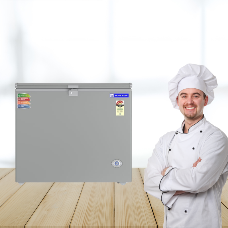 Worker Loading Frozen Meat into a Blue Star CF4-230NPYW-SL Deep Freezer