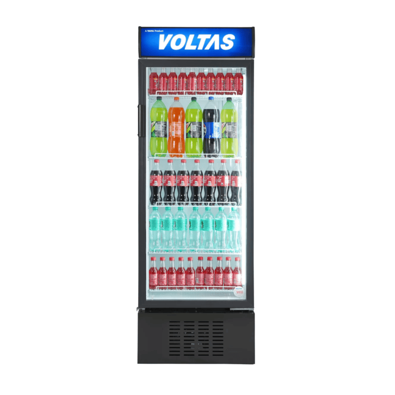 Front view of Voltas Visi Cooler 450L Single Door model, showcasing its large Low-E glass display.