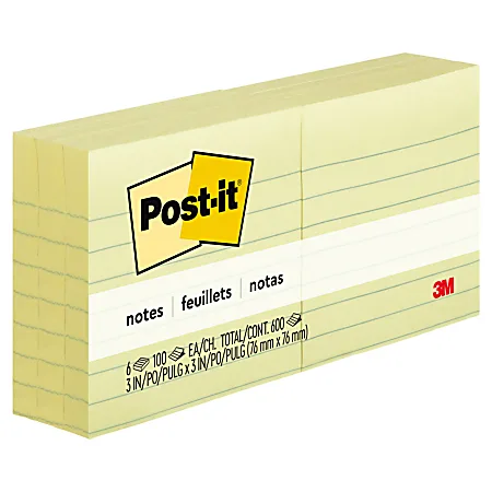 Hoffman Lined Post-it Notes 3" x 3" Canary Yellow 6 / cs