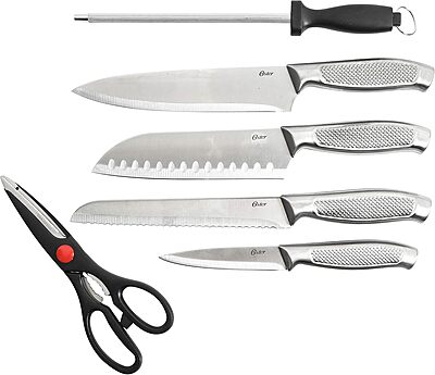 Oster Edgefield 14-Piece Stainless-Steel Cutlery Knife Set With Knife Block, Silver/Black