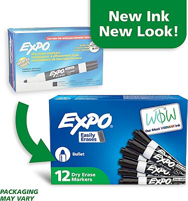 EXPO Dry Erase Markers, Low Odor Ink, Black, Bullet Tip, 12 Count - Whiteboard, Calendar, Organization