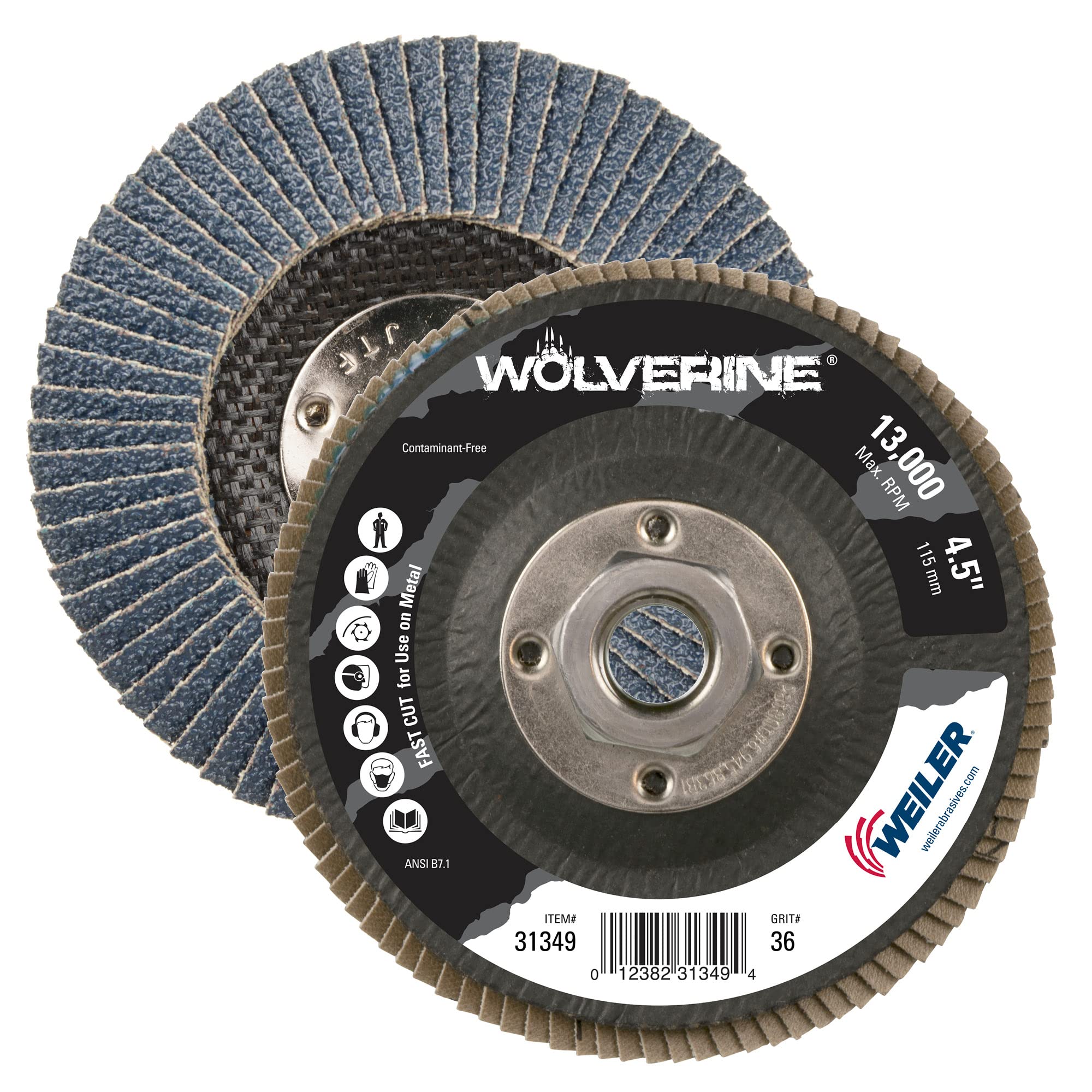 Weiler 31349 4-1/2" Wolverine Abrasive Flap Disc, Conical (TY29), Phenolic Backing, 36Z