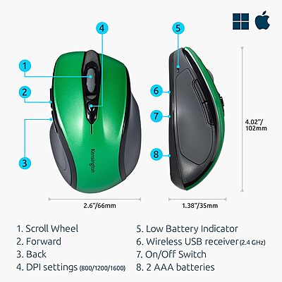 Kensington Pro Fit Mid-Size Wireless Mouse, Emerald Green, 2.4 GHz, Right-Handed