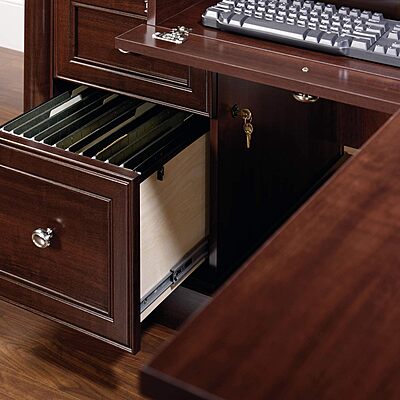 Sauder Palladia L-Shaped Desk with Drawers, File Cabinet Storage & Keyboard Tray