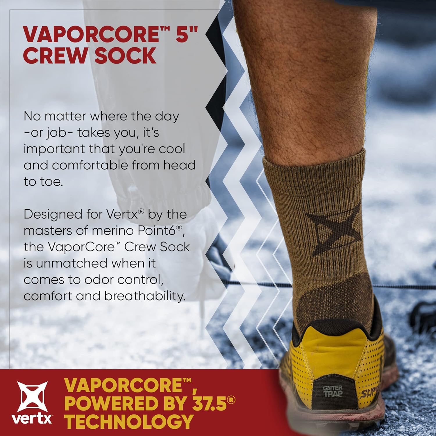 VERTX VaporCore Mens Crew Socks, Merino Wool Moisture Wicking with Odor Control