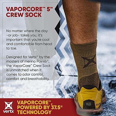VERTX VaporCore Mens Crew Socks, Merino Wool Moisture Wicking with Odor Control