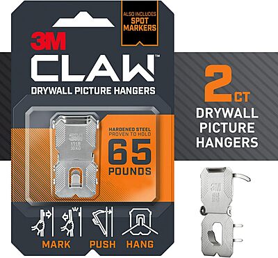 3M CLAW 65 lb. Drywall Picture Hanger with Spot Marker, Gray, 2 Hangers, 2 Spot Markers