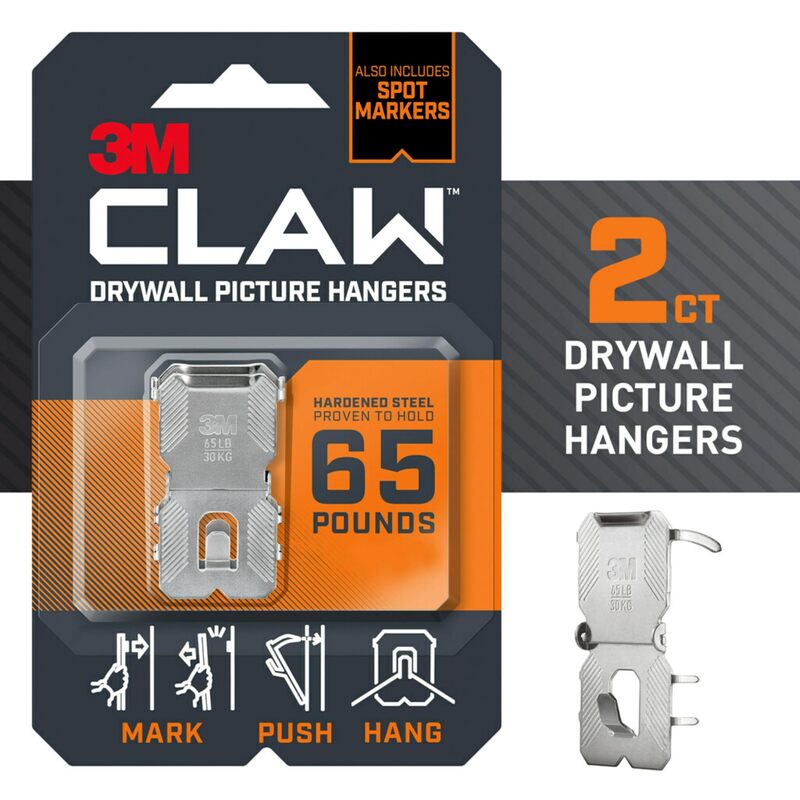 3M CLAW 65 lb. Drywall Picture Hanger with Spot Marker, Gray, 2 Hangers, 2 Spot Markers