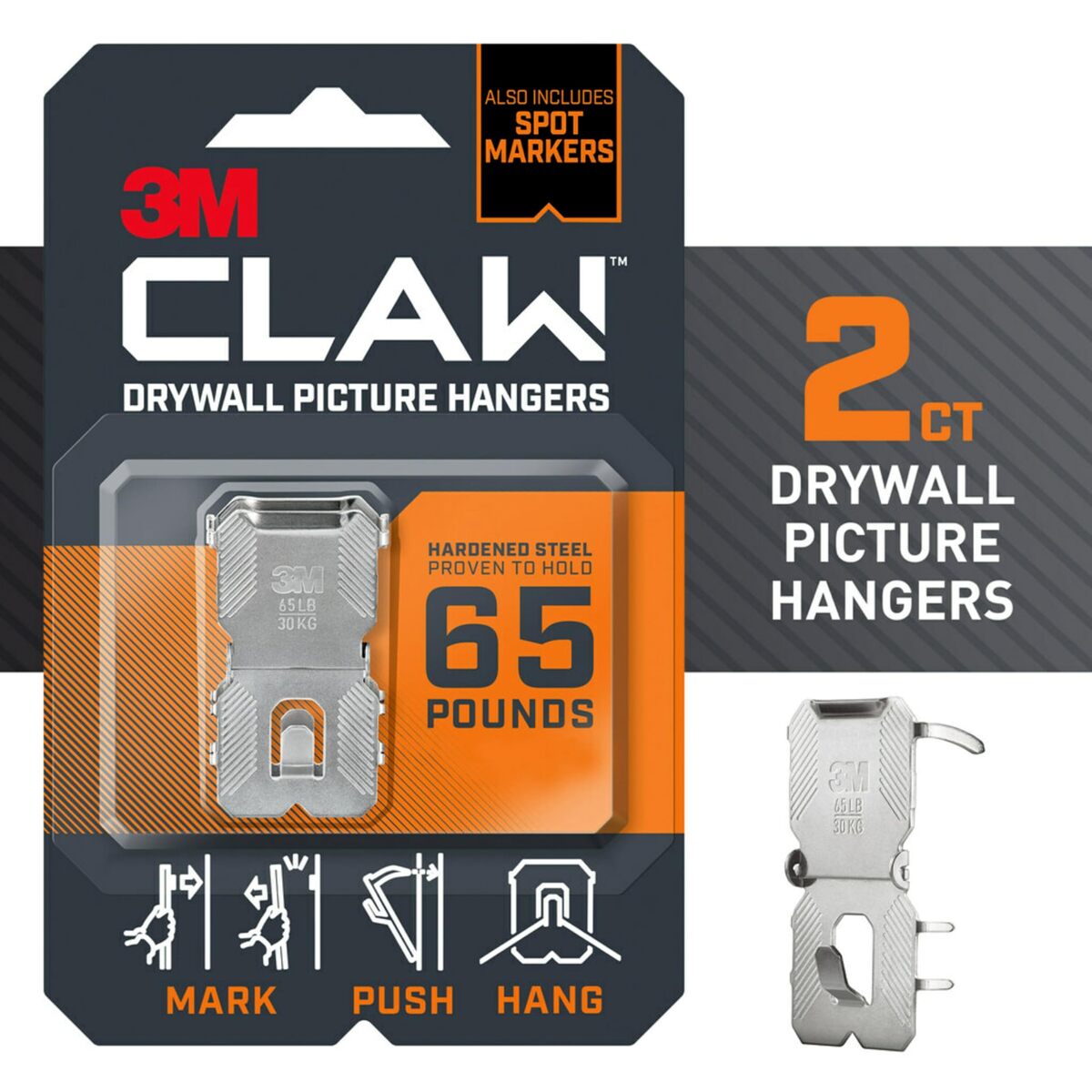 3M CLAW 65 lb. Drywall Picture Hanger with Spot Marker, Gray, 2 Hangers, 2 Spot Markers