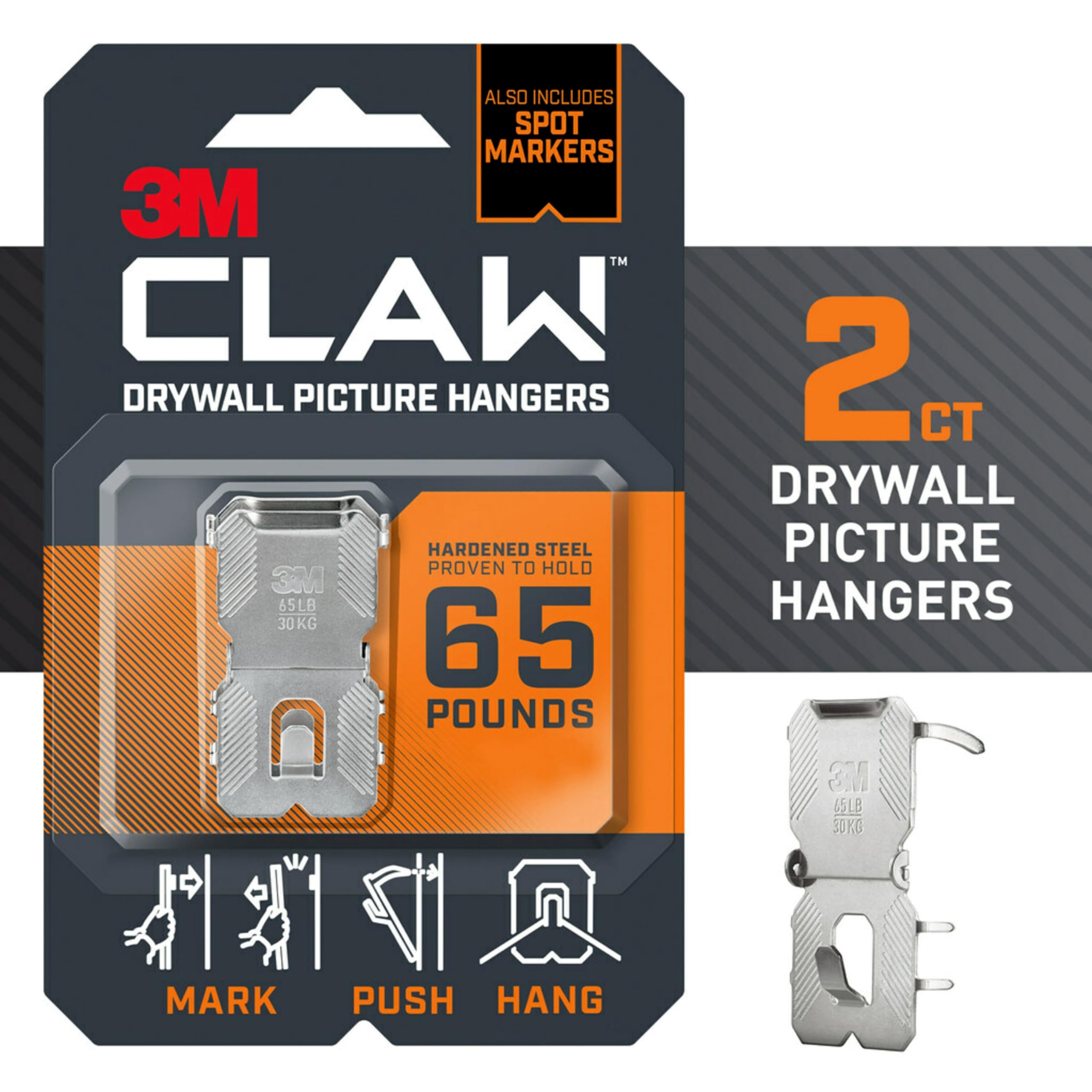 3M CLAW 65 lb. Drywall Picture Hanger with Spot Marker, Gray, 2 Hangers, 2 Spot Markers