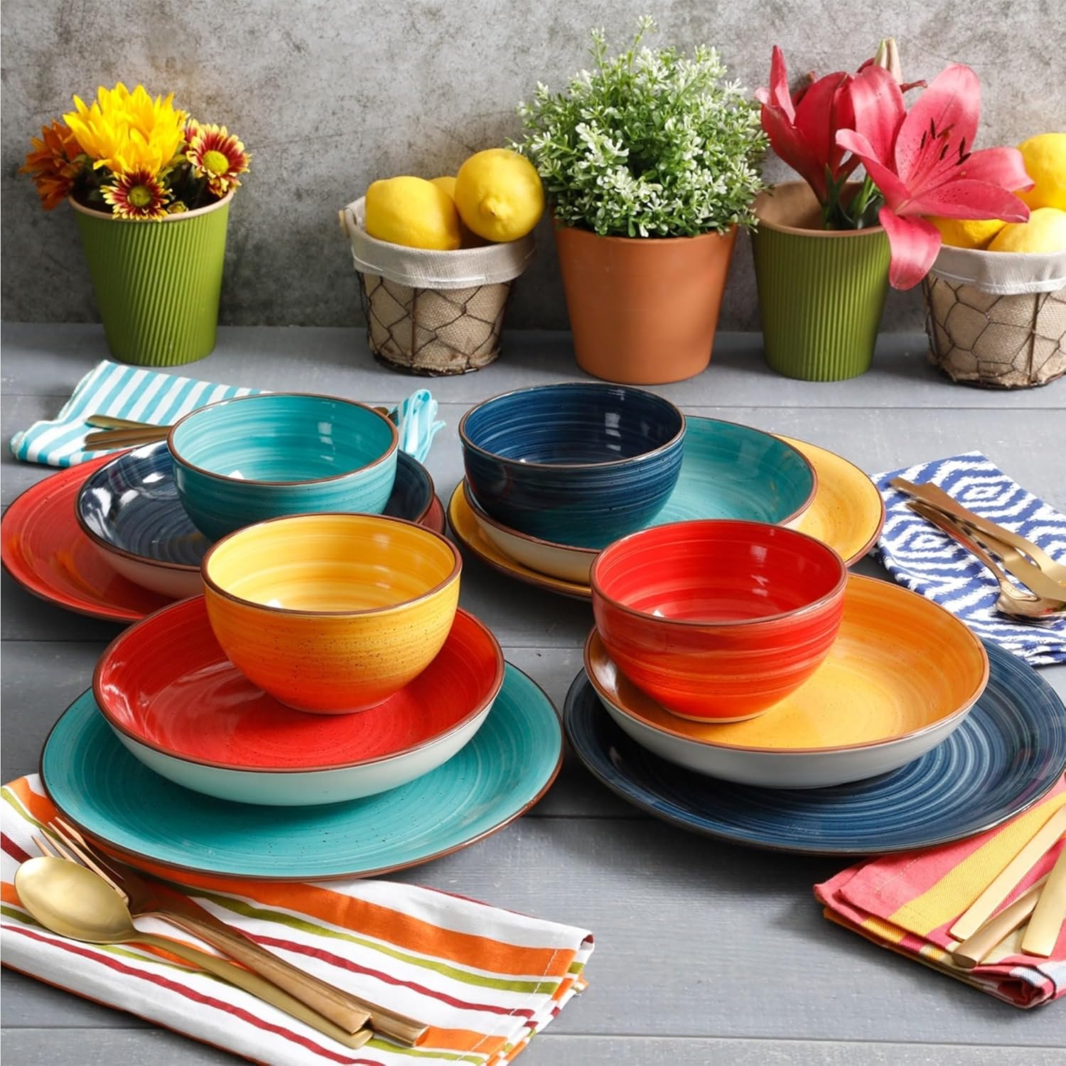 Gibson Home Color Speckle 12-Piece Mix & Match Double Bowl Dinnerware Set, Multicolor