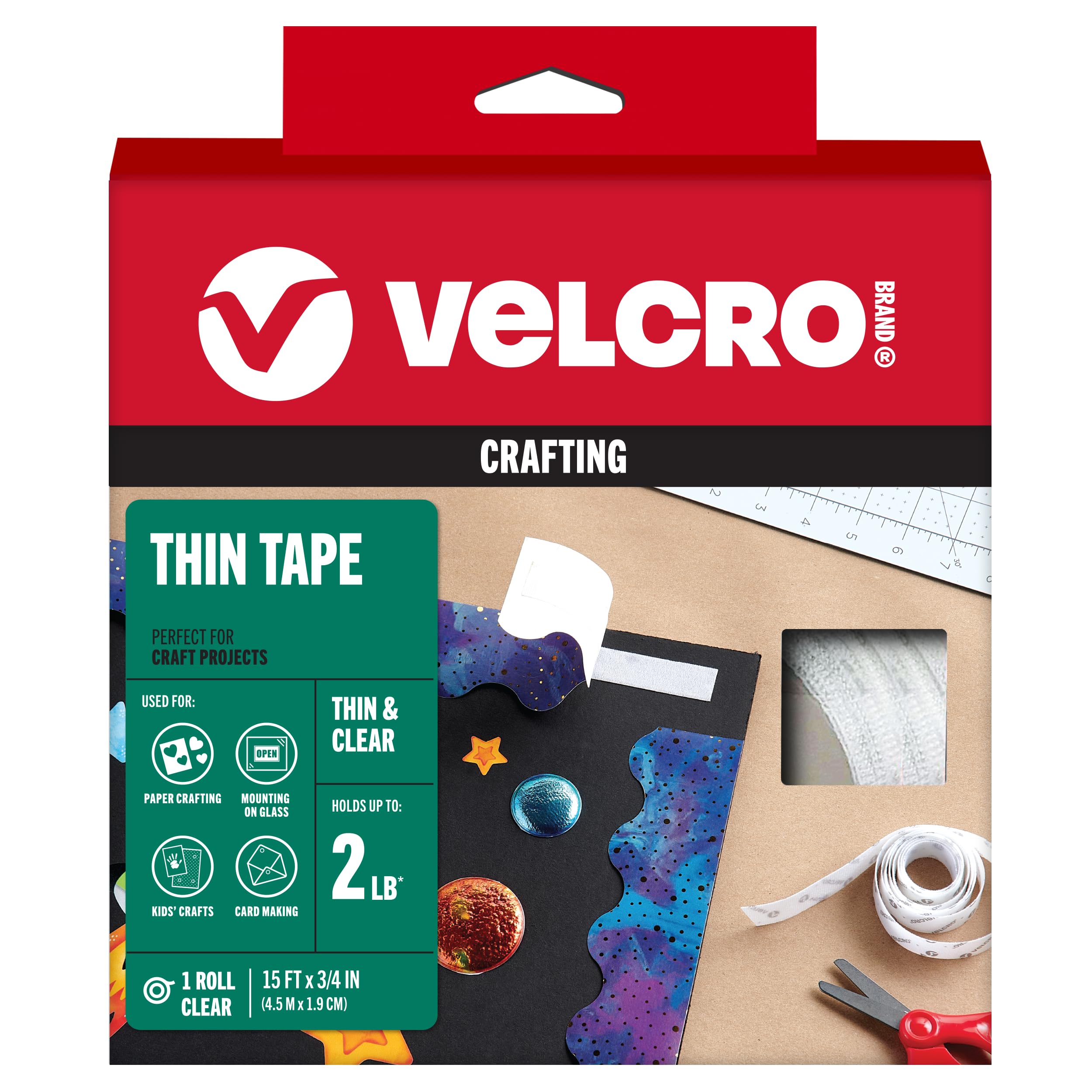 VELCRO Brand Tape (91325) Indoor Hook & Loop Combo Packs, 3/4" x 15', Clear (1 Per Case) for Home & Office