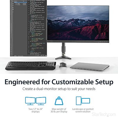 StarTech.com Desk Mount Dual Monitor Arm - Articulating - Supports Monitors 12'' to 24" (29.9lb/13.6kg) - Adjustable VESA Monitor Arm - Grommet or Desk Mount - Black (ARMDUAL)