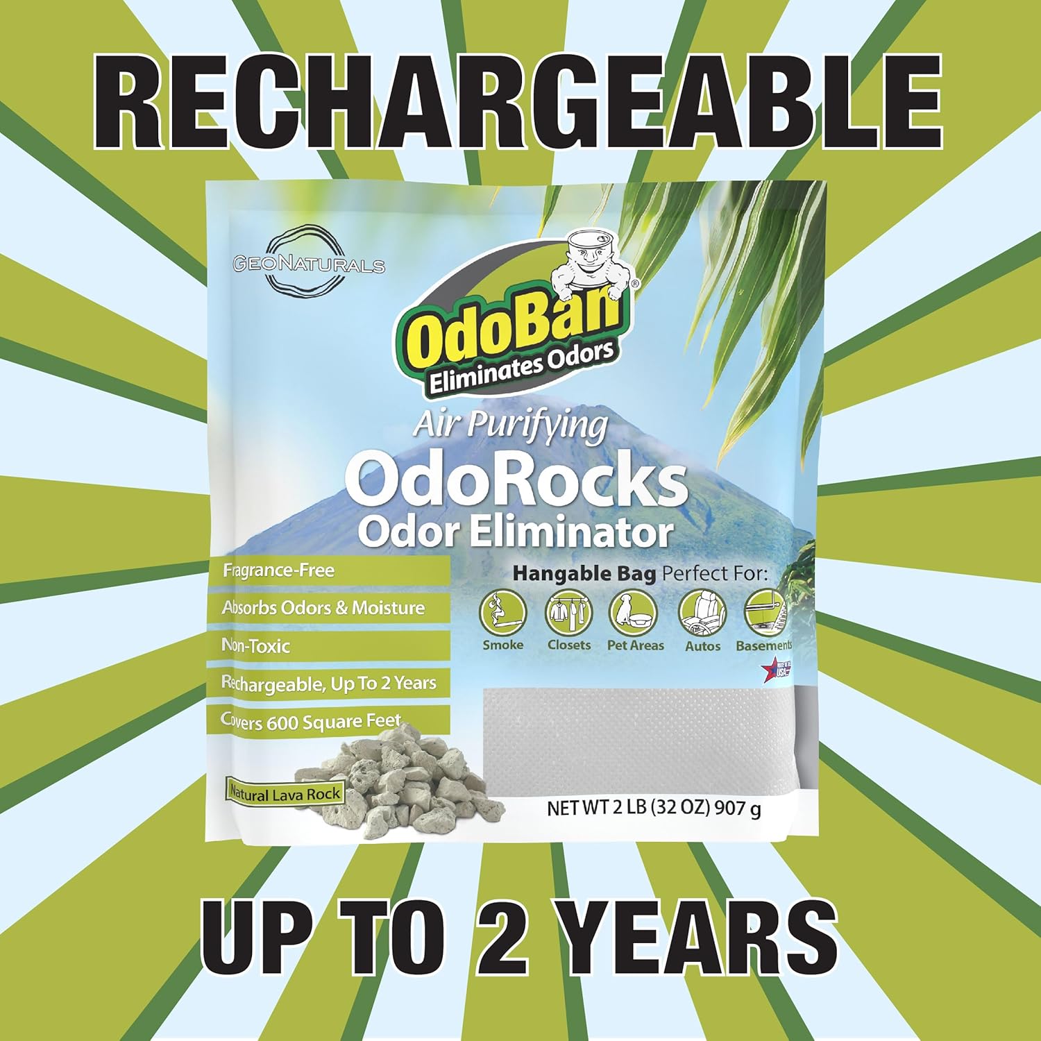 OdoBan Air Purifying OdoRocks Natural Odor Eliminator Made from Natural Volcanic Rocks, Made in the USA, Fragrance Free, 2 Pound Bag 32 Ounce (Pack of 1)