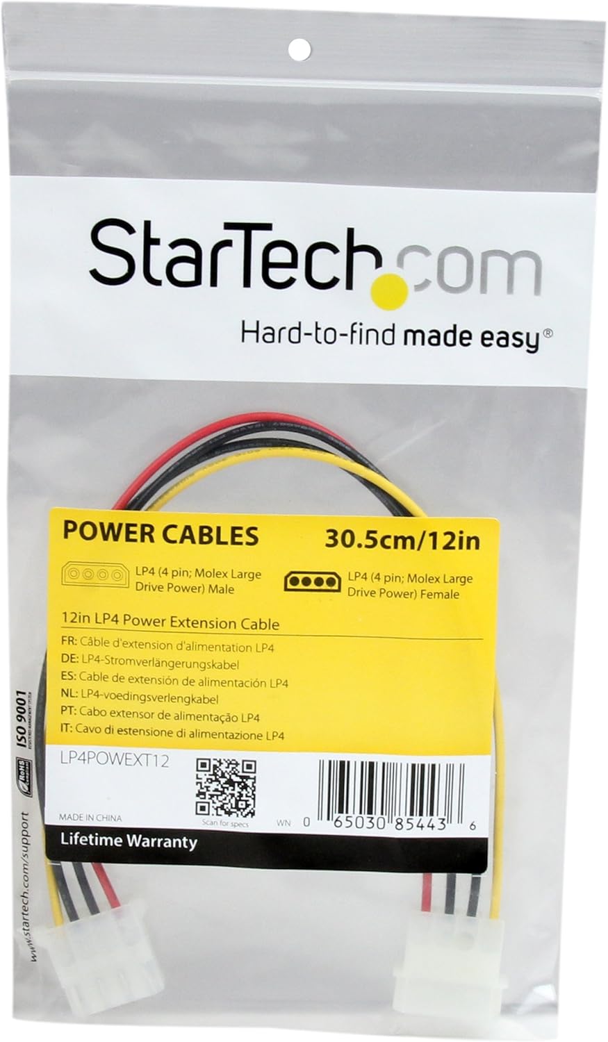 StarTech.com 12in Molex LP4 Power Extension Cable M/F - 4 pin Molex Power Connector - 4 pin Power Extension Cable